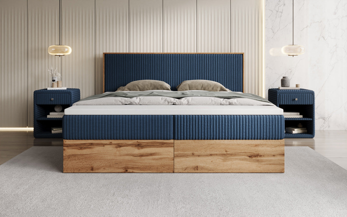 Boxspringbed Timber in Ribstof met opbergruimte