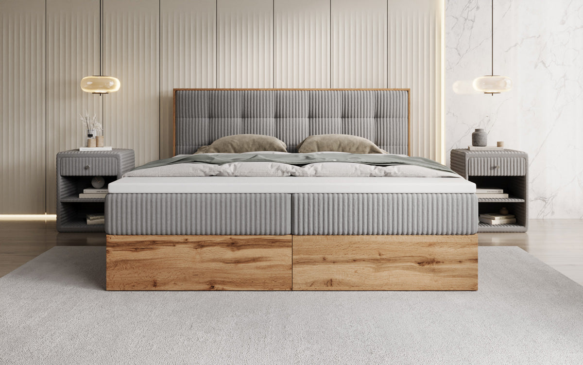 Boxspringbed Timber Quad in Ribstof met opbergruimte