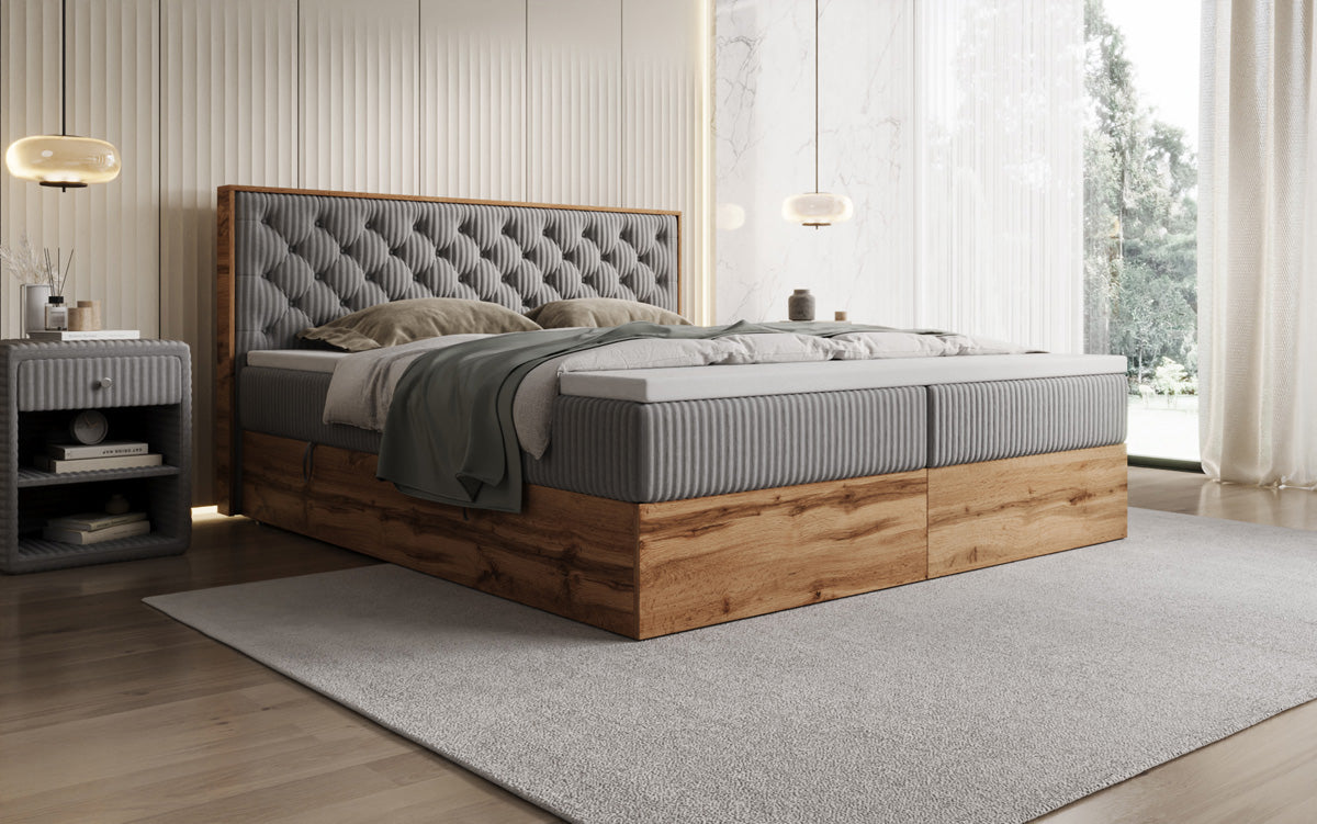Boxspringbed Timber Chester in Ribstof met opbergruimte
