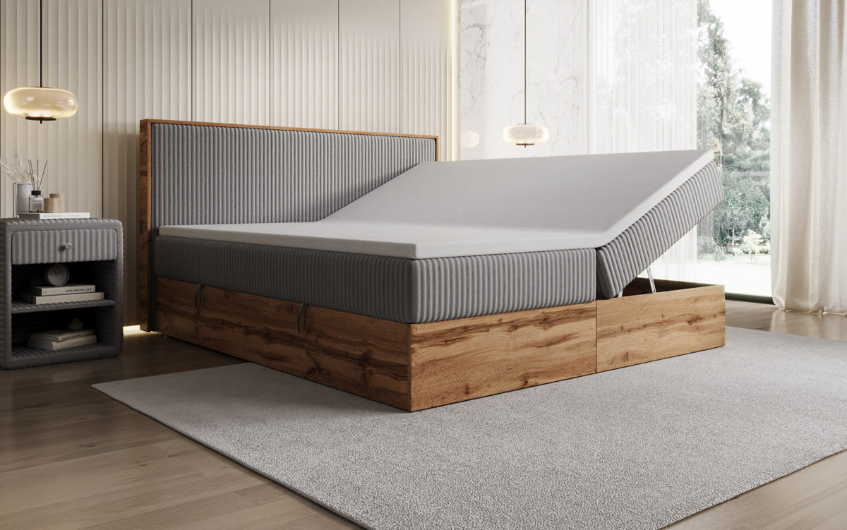 Boxspringbed Timber in Ribstof met opbergruimte