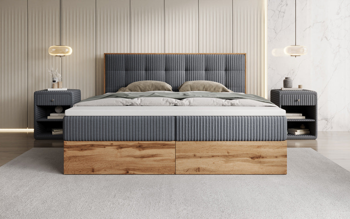 Boxspringbed Timber Quad in Ribstof met opbergruimte