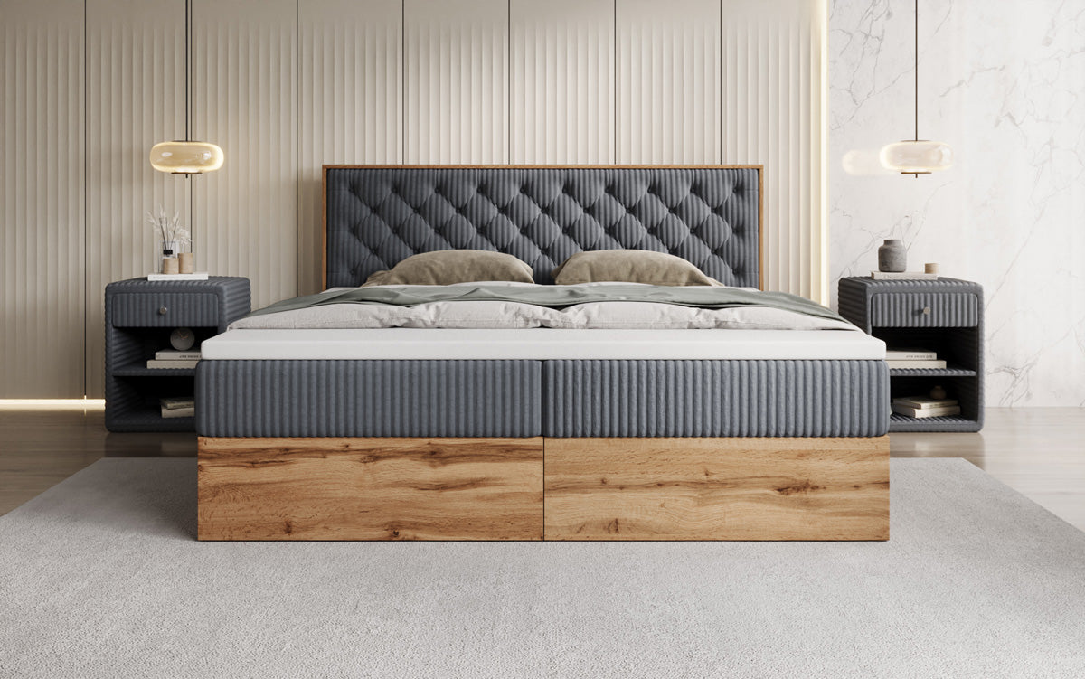 Boxspringbed Timber Chester in Ribstof met opbergruimte
