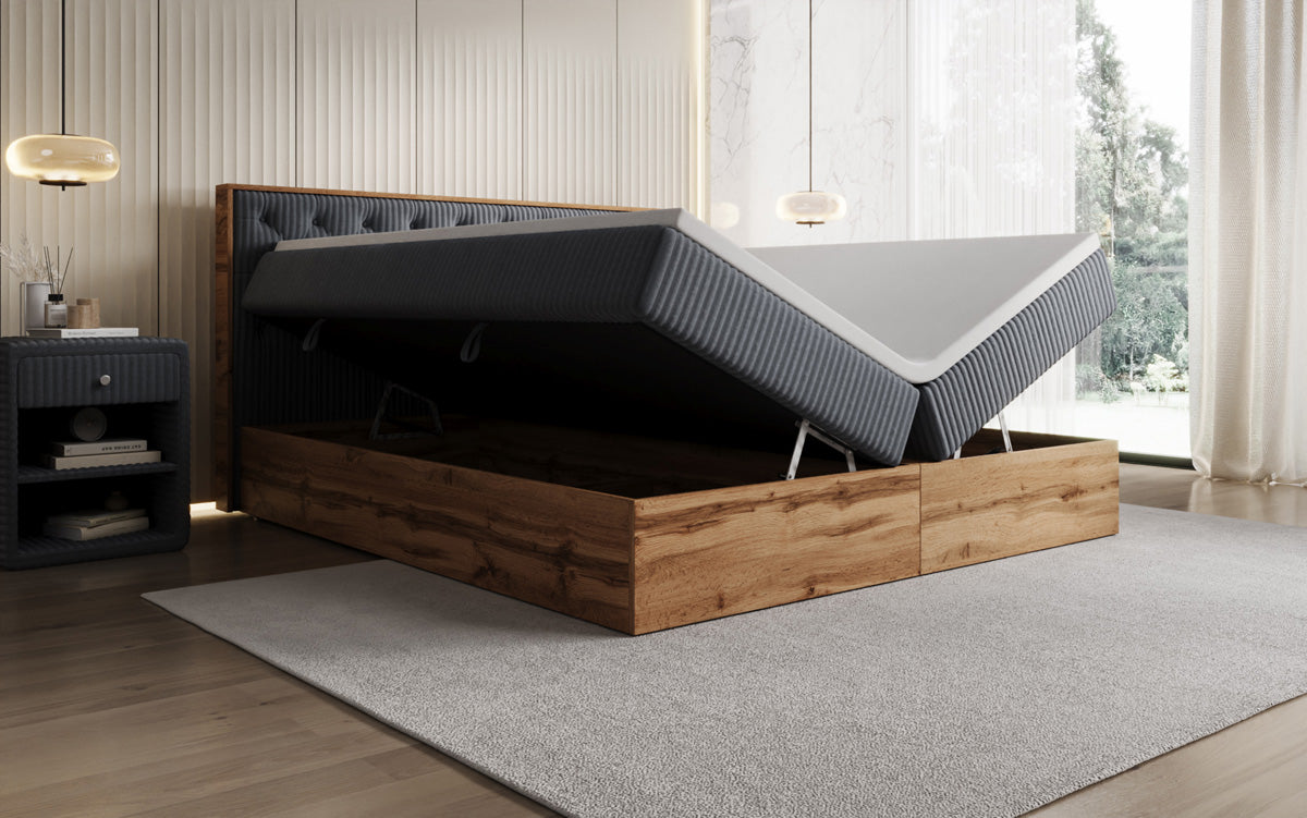 Boxspringbed Timber Chester in Ribstof met opbergruimte