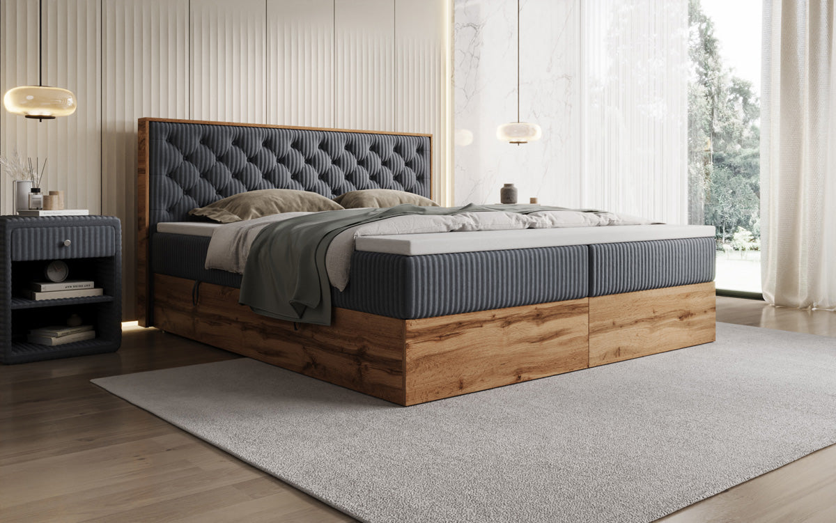 Boxspringbed Timber Chester in Ribstof met opbergruimte