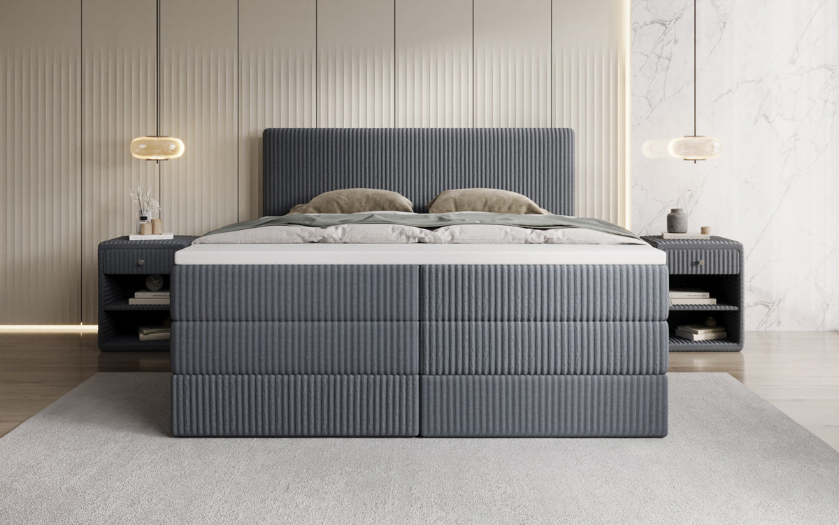 Boxspringbed Kubo King in Ribstof met opbergruimte