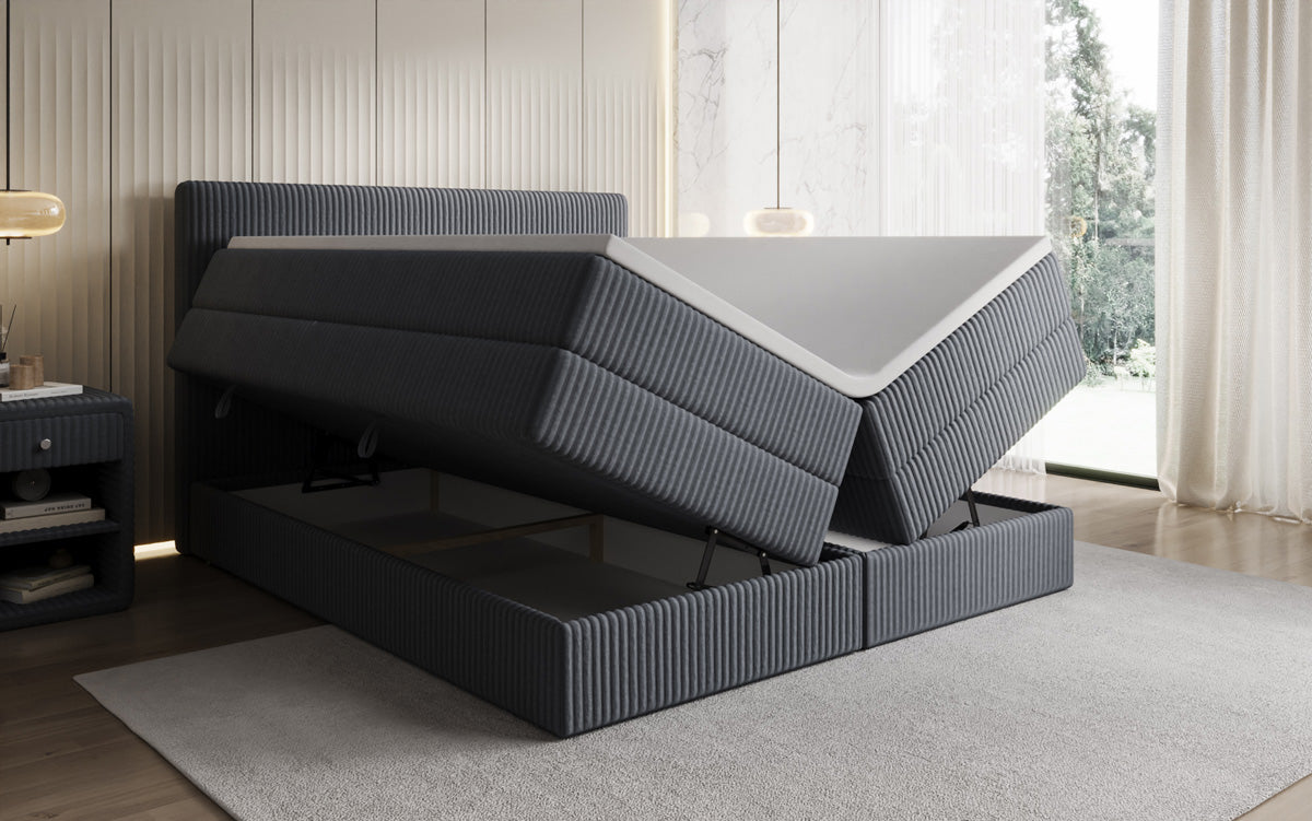 Boxspringbed Kubo King in Ribstof met opbergruimte
