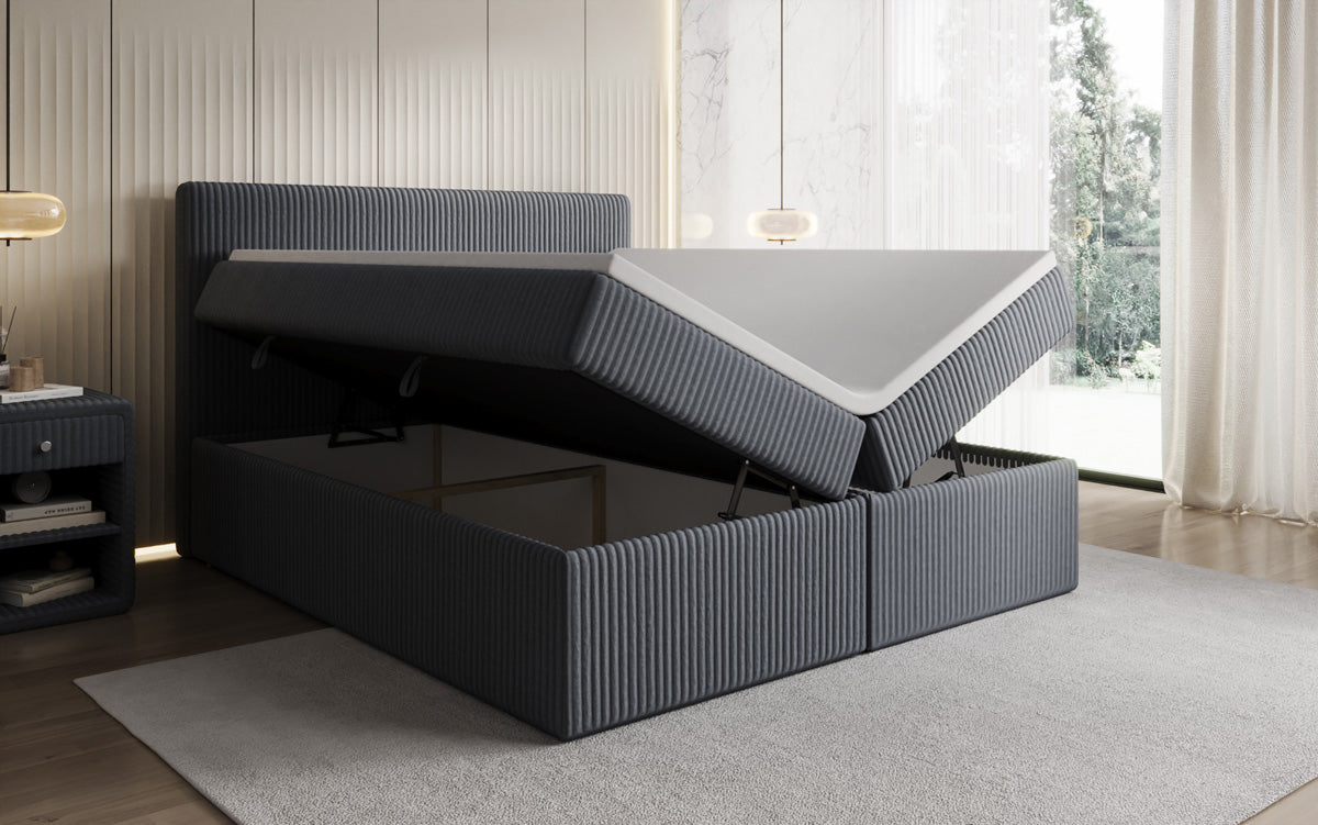 Boxspringbed Kubo in Ribstof met opbergruimte