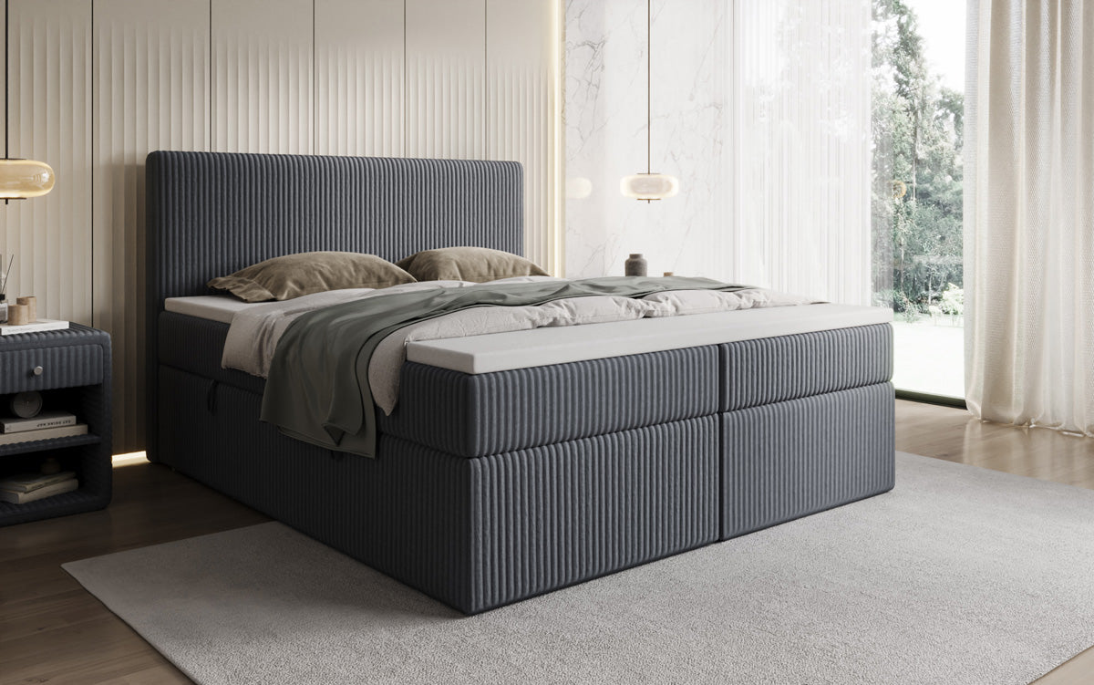 Boxspringbed Kubo in Ribstof met opbergruimte