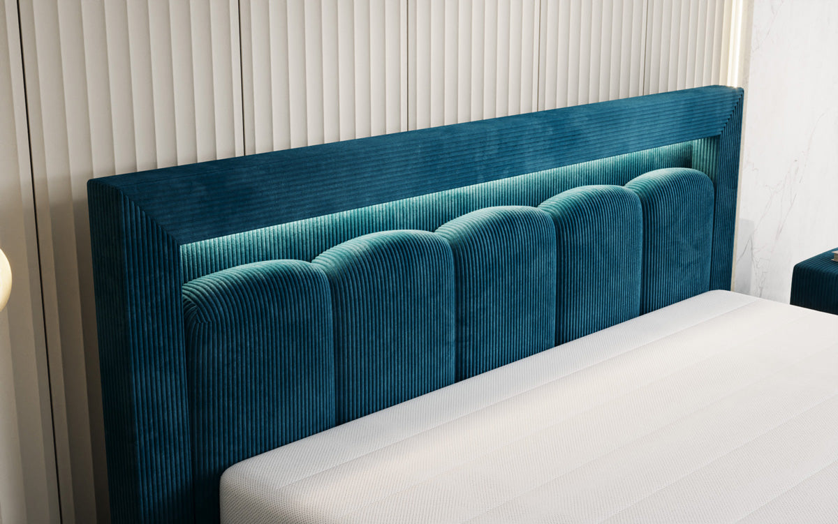 Designer gestoffeerd bed Lume in Ribstof met opbergruimte en RGB-verlichting