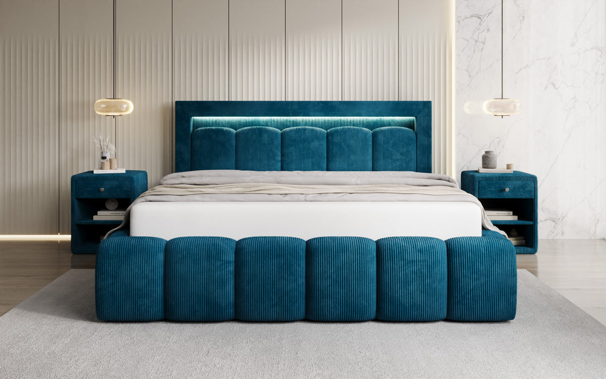 Designer gestoffeerd bed Lume in Ribstof met opbergruimte en RGB-verlichting