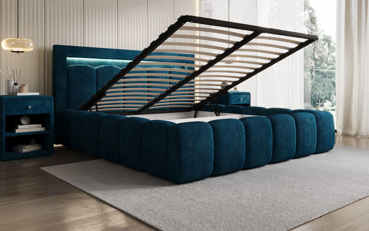 Designer gestoffeerd bed Lume in Ribstof met opbergruimte en RGB-verlichting
