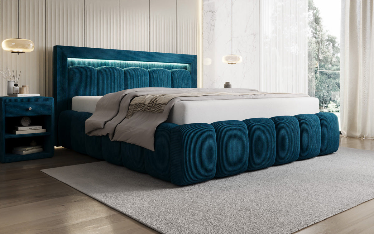 Designer gestoffeerd bed Lume in Ribstof met opbergruimte en RGB-verlichting