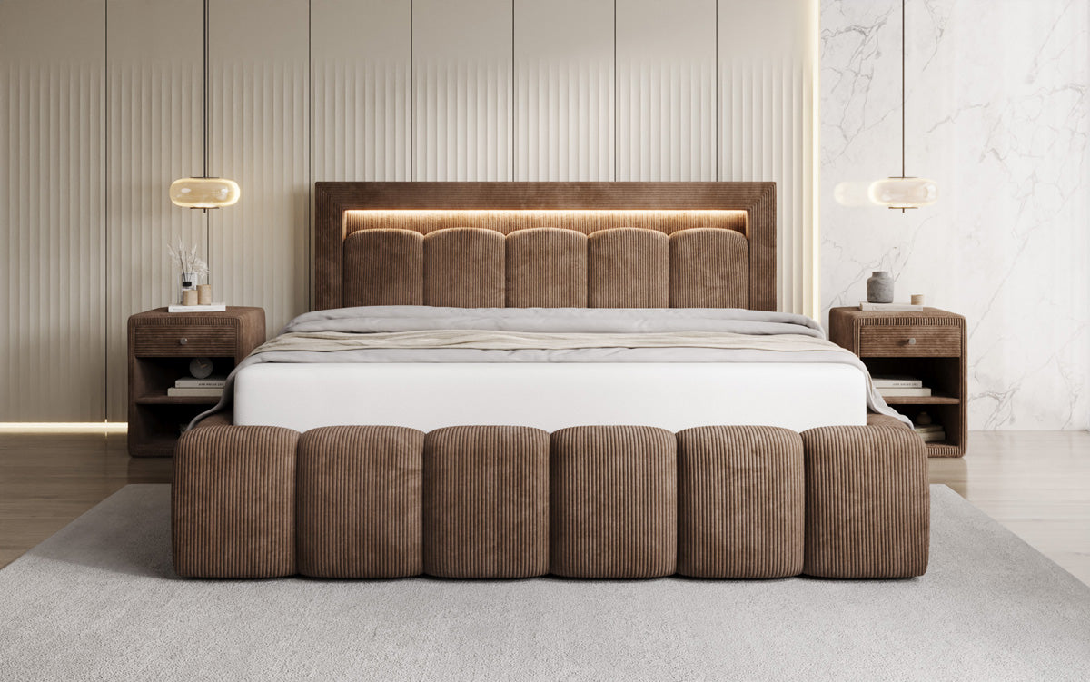 Designer gestoffeerd bed Lume in Ribstof met opbergruimte en RGB-verlichting