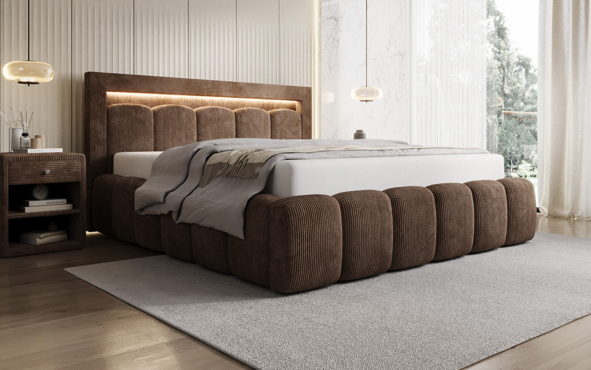 Designer gestoffeerd bed Lume in Ribstof met opbergruimte en RGB-verlichting
