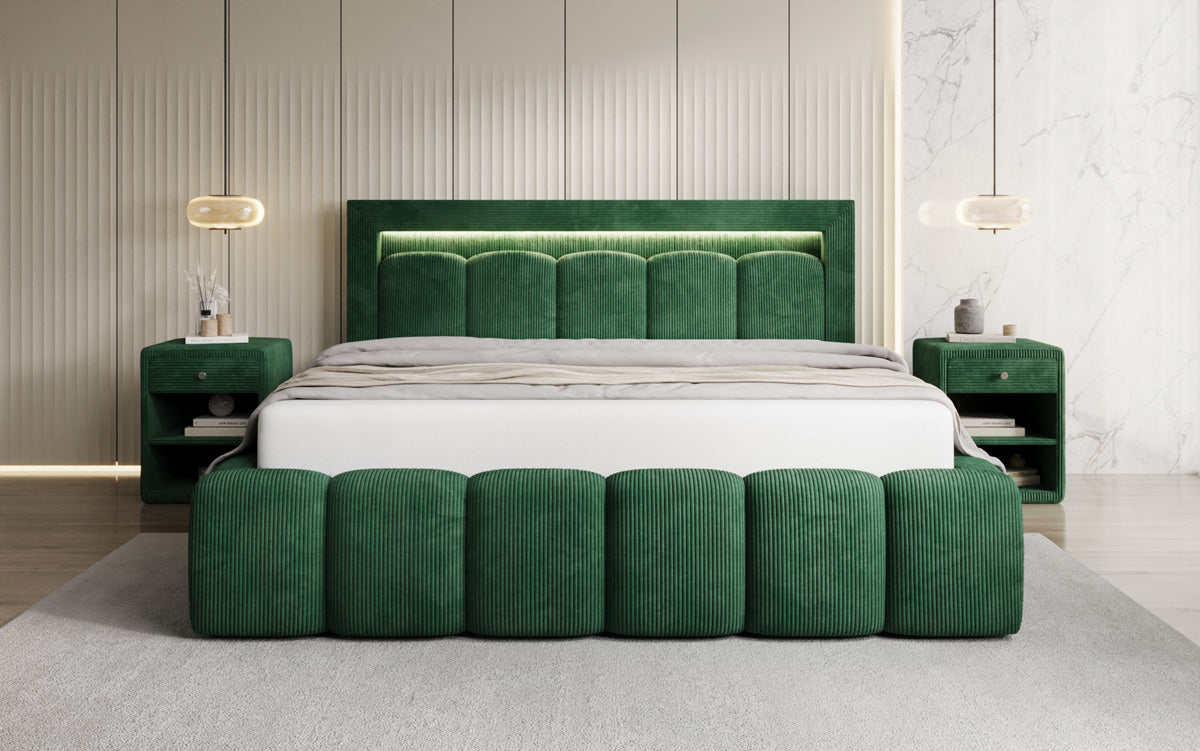 Designer gestoffeerd bed Lume in Ribstof met opbergruimte en RGB-verlichting