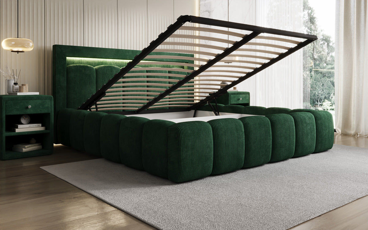 Designer gestoffeerd bed Lume in Ribstof met opbergruimte en RGB-verlichting