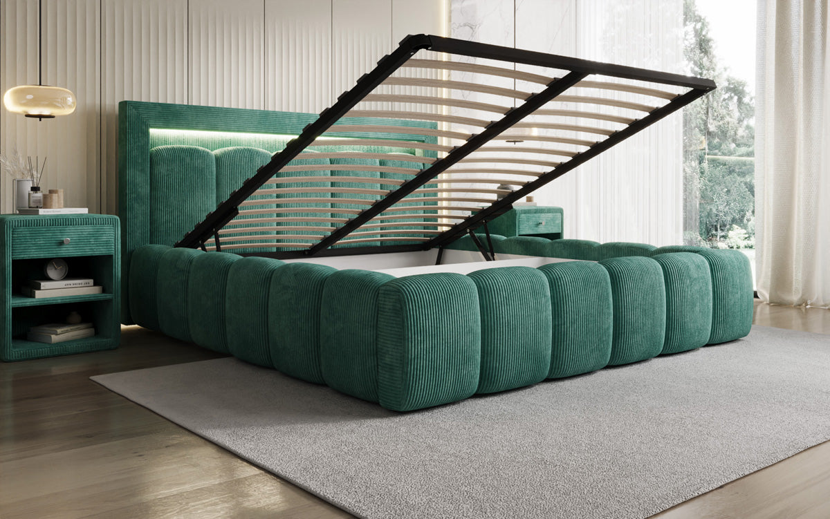 Designer gestoffeerd bed Lume in Ribstof met opbergruimte en RGB-verlichting