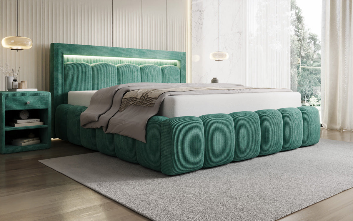 Designer gestoffeerd bed Lume in Ribstof met opbergruimte en RGB-verlichting
