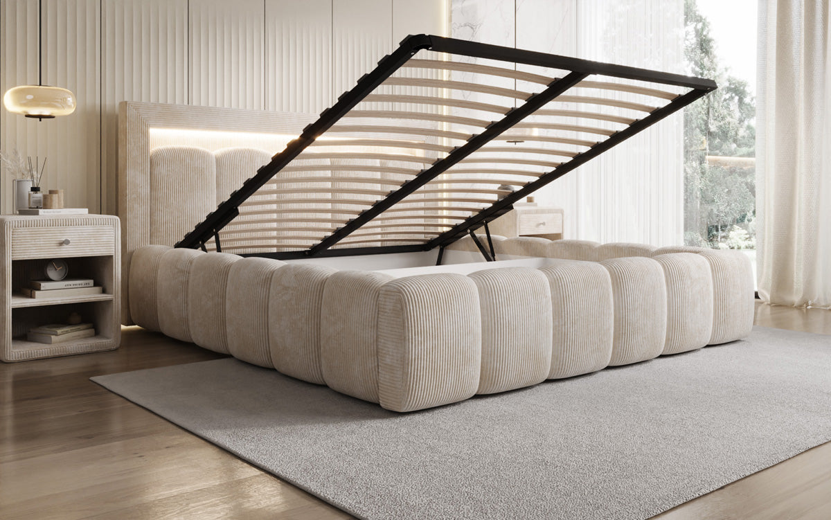 Designer gestoffeerd bed Lume in Ribstof met opbergruimte en RGB-verlichting