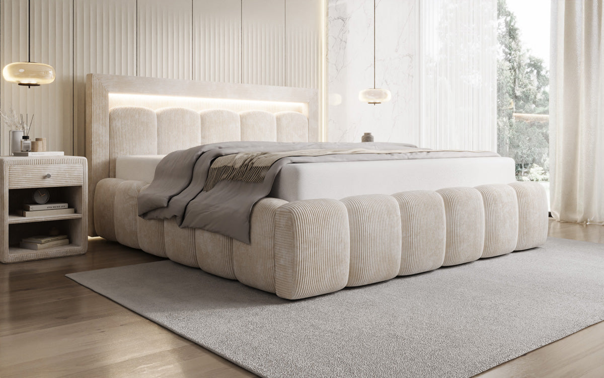 Designer gestoffeerd bed Lume in Ribstof met opbergruimte en RGB-verlichting