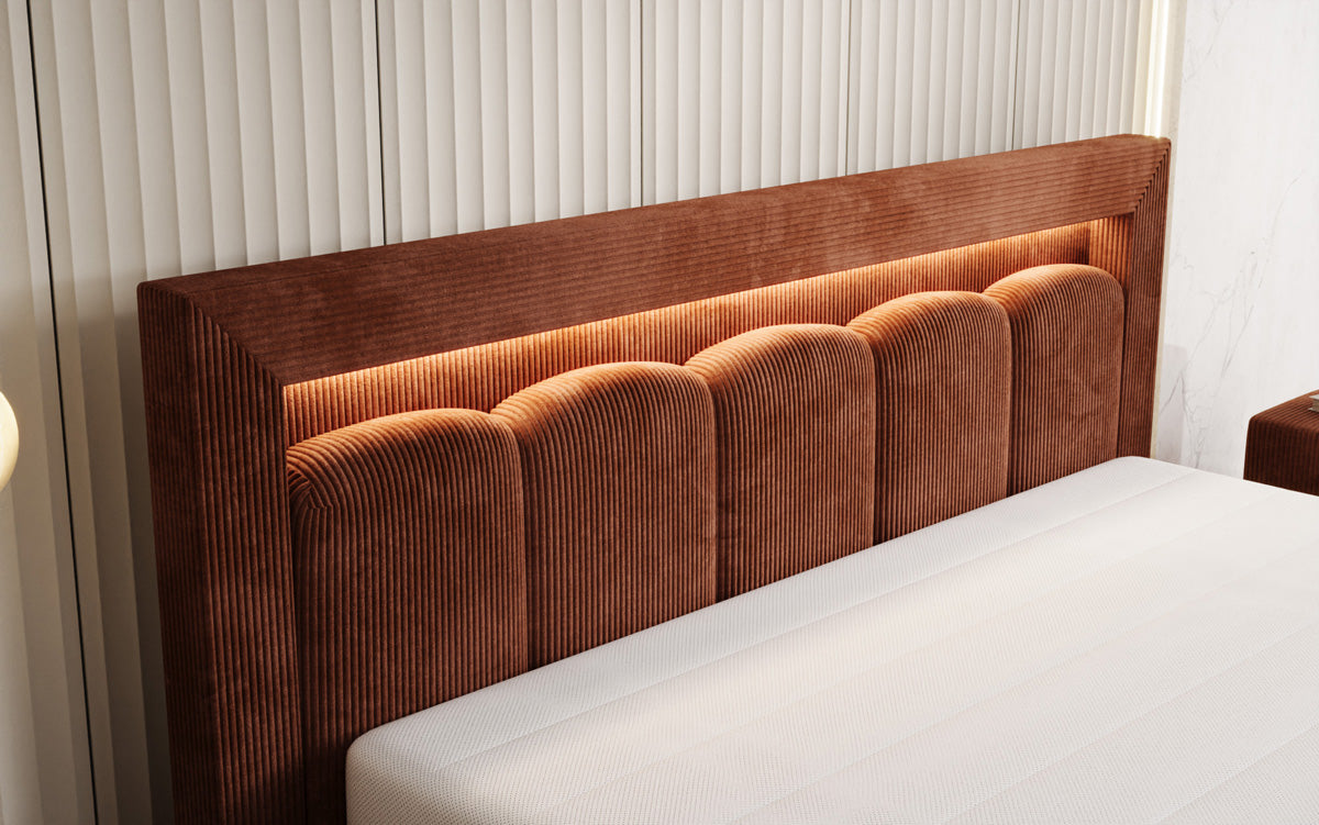 Designer gestoffeerd bed Lume in Ribstof met opbergruimte en RGB-verlichting