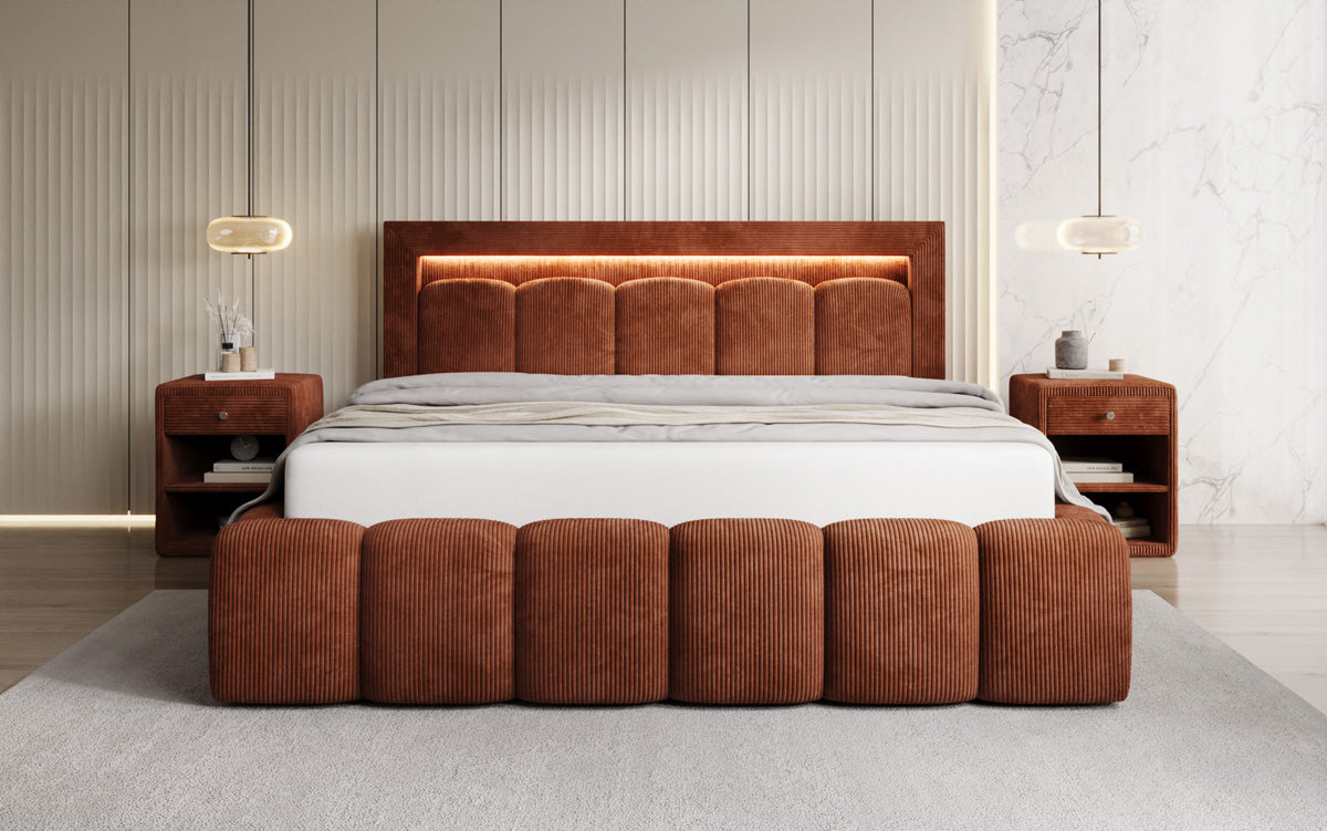 Designer gestoffeerd bed Lume in Ribstof met opbergruimte en RGB-verlichting