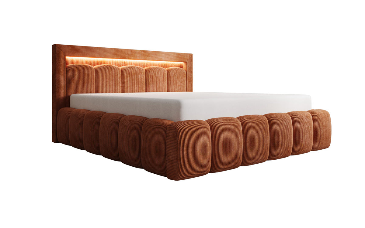 Designer gestoffeerd bed Lume in Ribstof met opbergruimte en RGB-verlichting