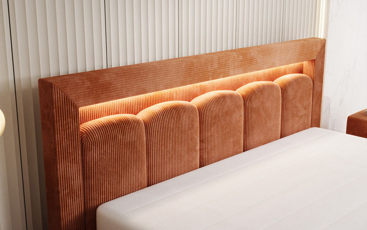 Designer gestoffeerd bed Lume in Ribstof met opbergruimte en RGB-verlichting