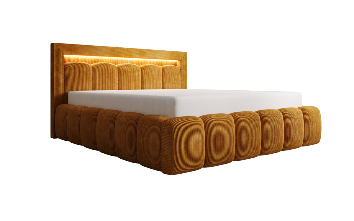 Designer gestoffeerd bed Lume in Ribstof met opbergruimte en RGB-verlichting