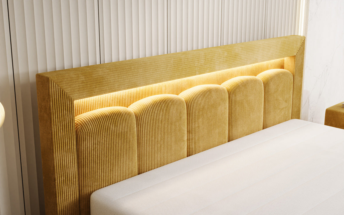 Designer gestoffeerd bed Lume in Ribstof met opbergruimte en RGB-verlichting