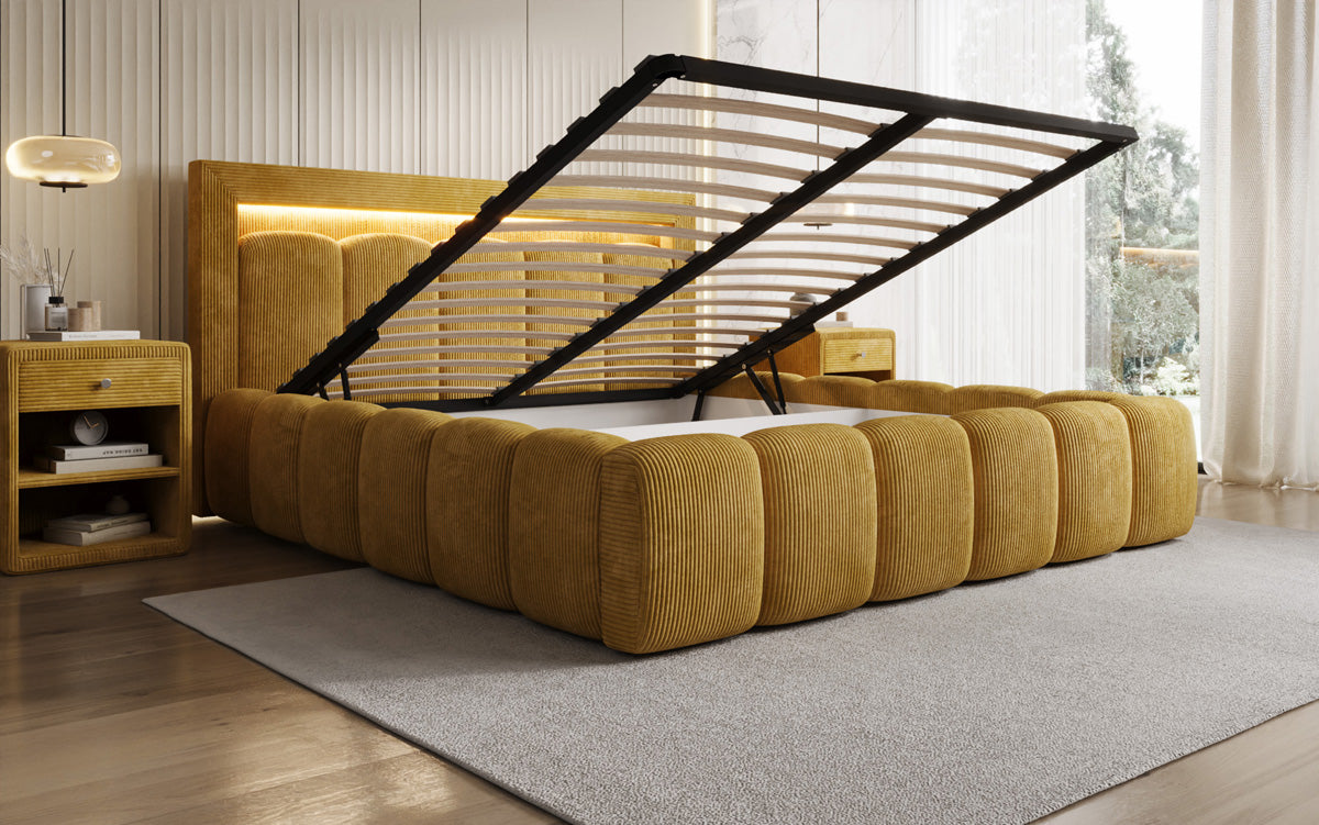 Designer gestoffeerd bed Lume in Ribstof met opbergruimte en RGB-verlichting