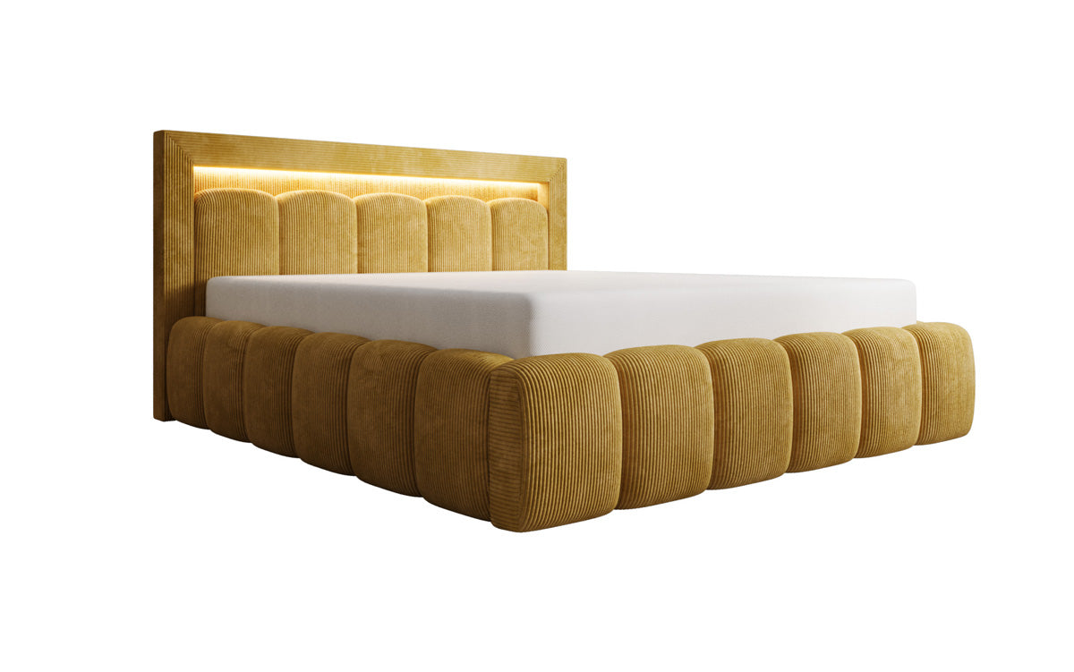 Designer gestoffeerd bed Lume in Ribstof met opbergruimte en RGB-verlichting