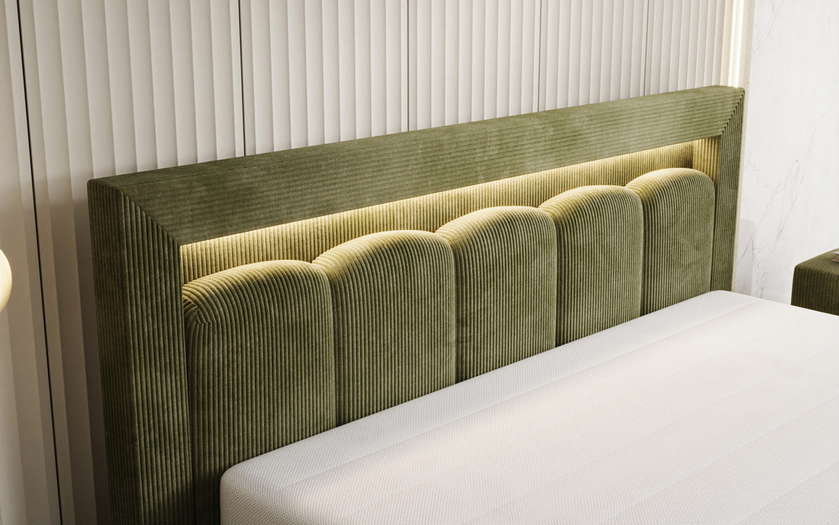 Designer gestoffeerd bed Lume in Ribstof met opbergruimte en RGB-verlichting