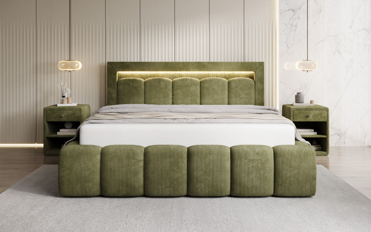 Designer gestoffeerd bed Lume in Ribstof met opbergruimte en RGB-verlichting