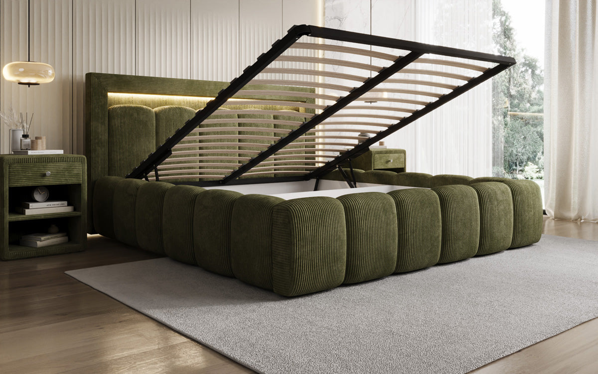 Designer gestoffeerd bed Lume in Ribstof met opbergruimte en RGB-verlichting