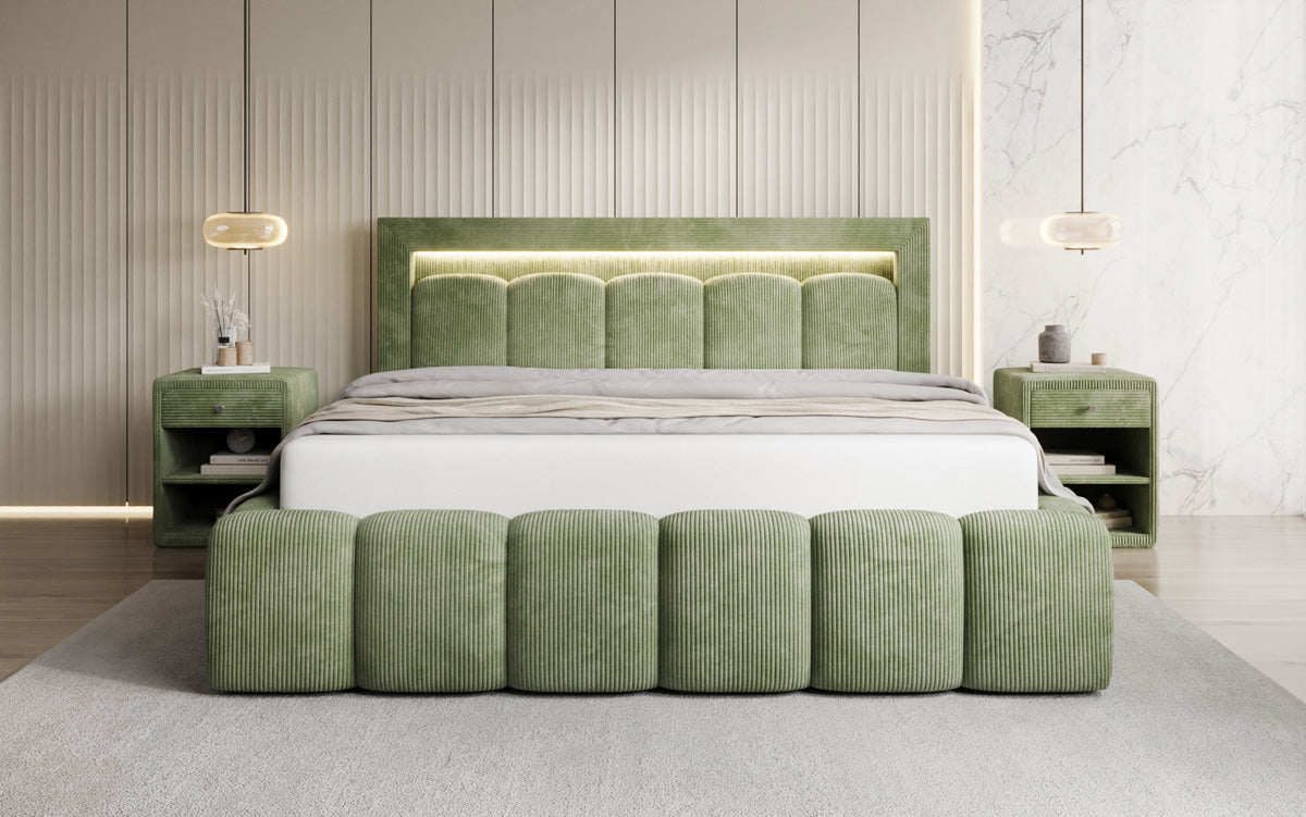 Designer gestoffeerd bed Lume in Ribstof met opbergruimte en RGB-verlichting