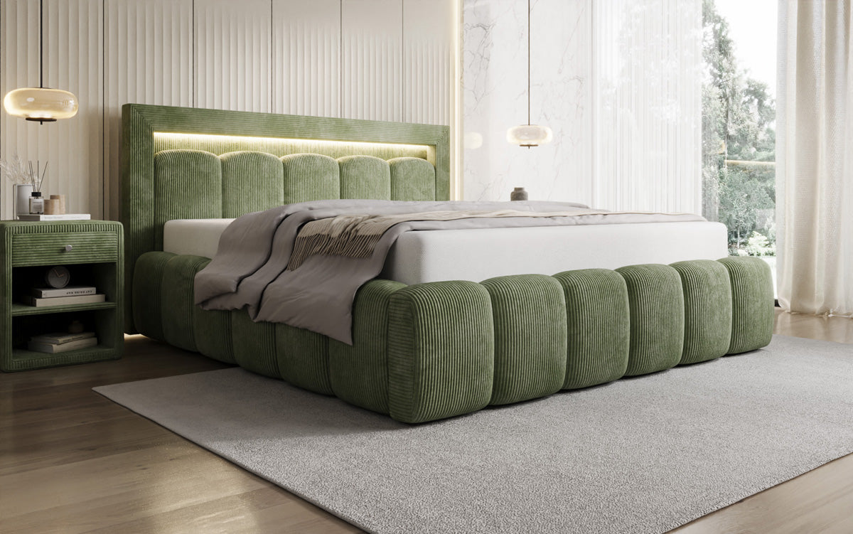 Designer gestoffeerd bed Lume in Ribstof met opbergruimte en RGB-verlichting