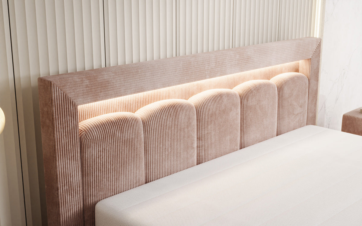 Designer gestoffeerd bed Lume in Ribstof met opbergruimte en RGB-verlichting