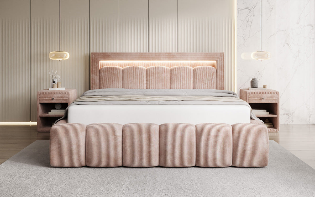 Designer gestoffeerd bed Lume in Ribstof met opbergruimte en RGB-verlichting