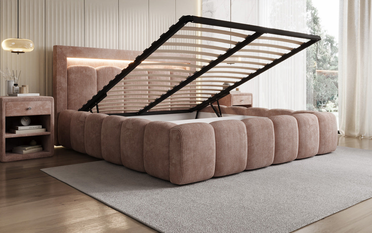 Designer gestoffeerd bed Lume in Ribstof met opbergruimte en RGB-verlichting