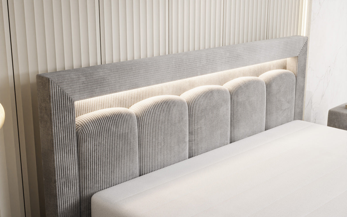 Designer gestoffeerd bed Lume in Ribstof met opbergruimte en RGB-verlichting