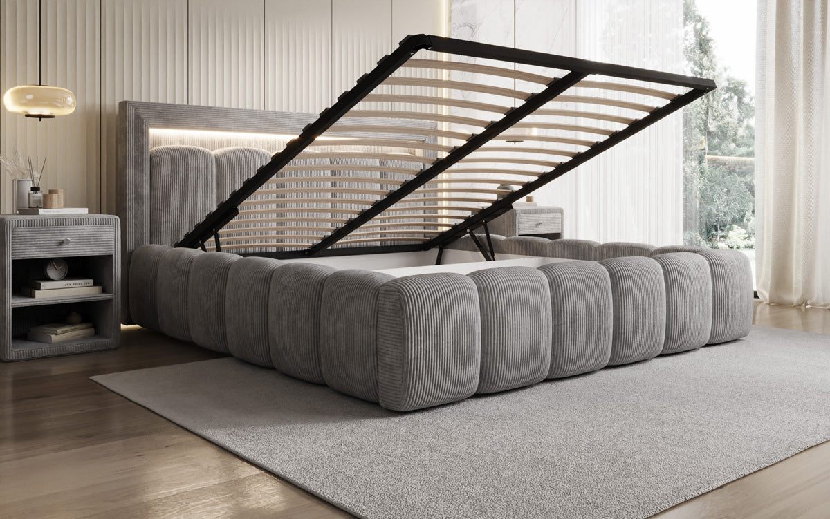 Designer gestoffeerd bed Lume in Ribstof met opbergruimte en RGB-verlichting