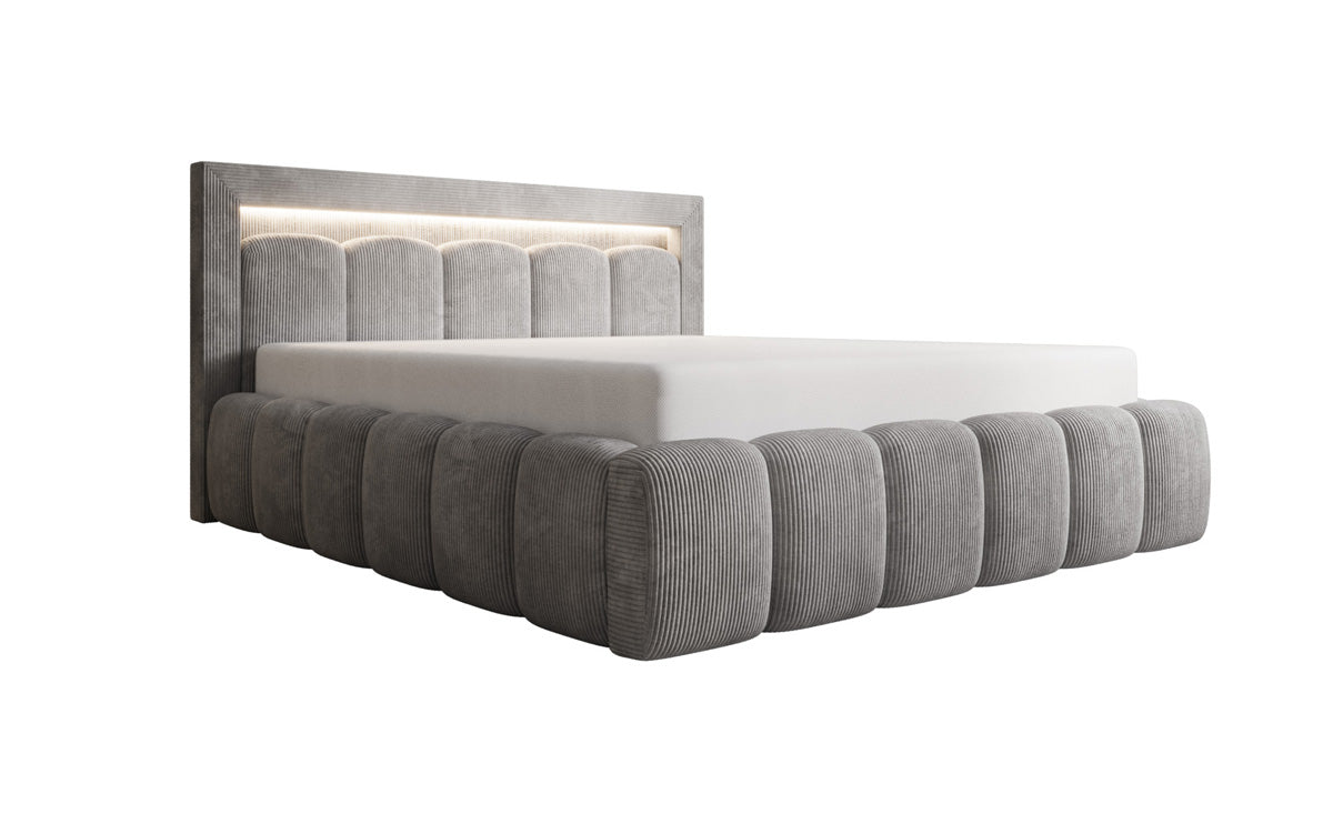 Designer gestoffeerd bed Lume in Ribstof met opbergruimte en RGB-verlichting