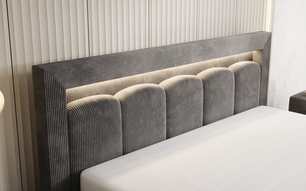 Designer gestoffeerd bed Lume in Ribstof met opbergruimte en RGB-verlichting