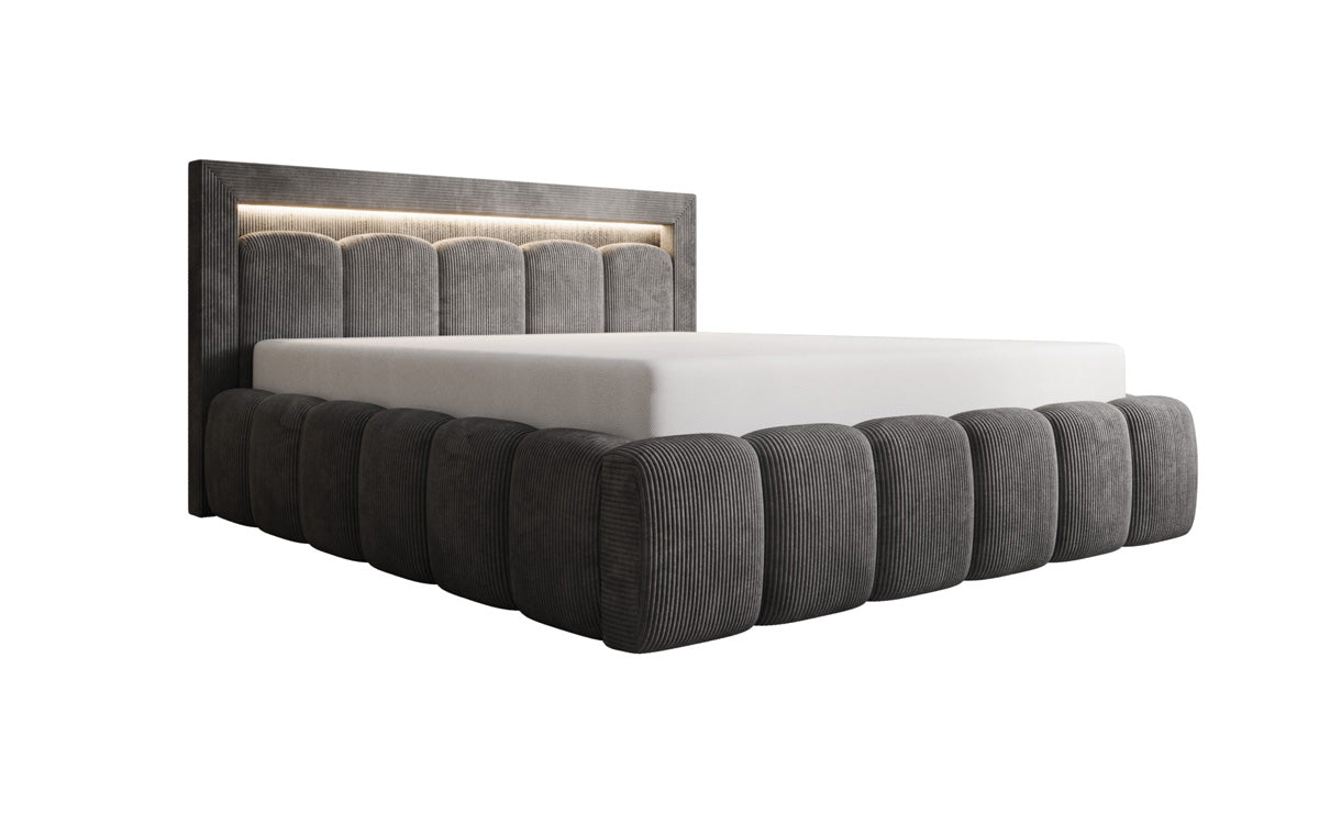 Designer gestoffeerd bed Lume in Ribstof met opbergruimte en RGB-verlichting