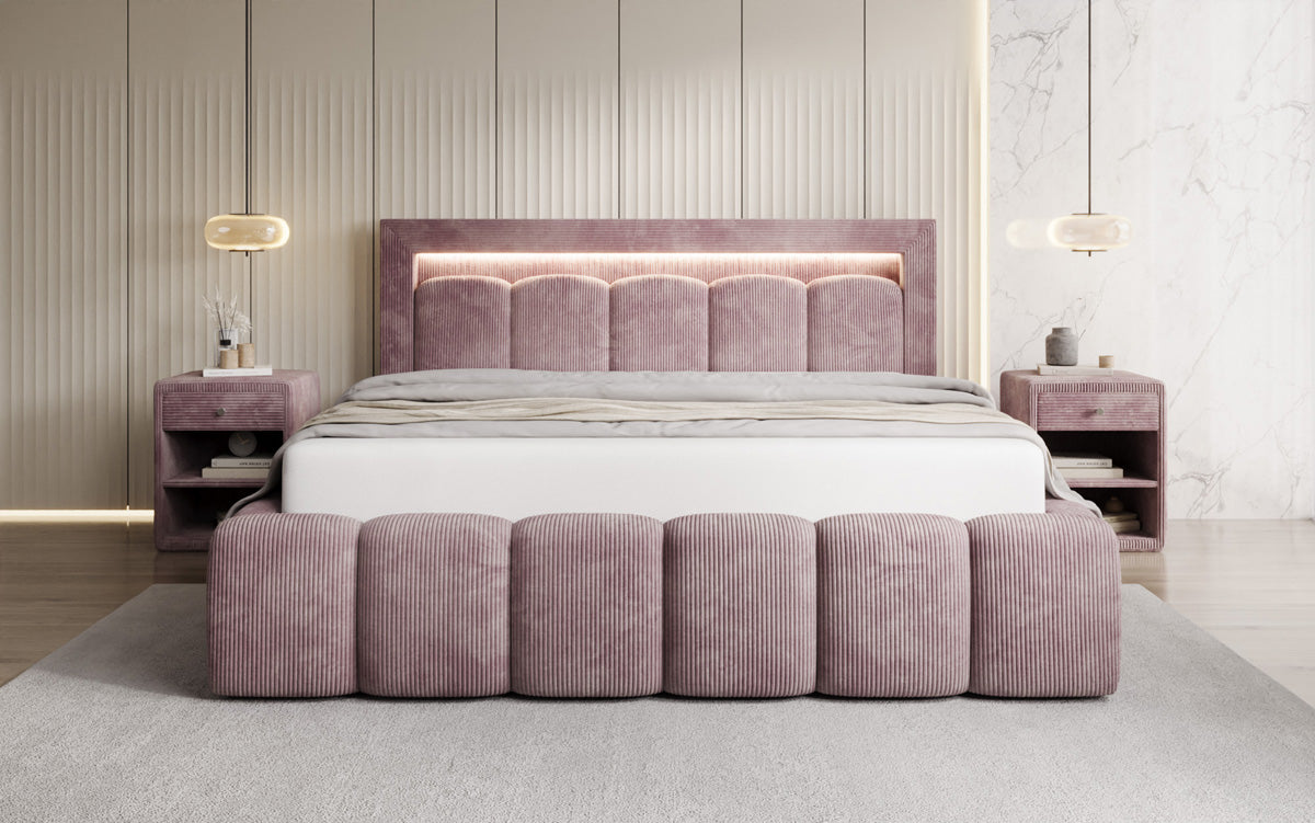 Designer gestoffeerd bed Lume in Ribstof met opbergruimte en RGB-verlichting