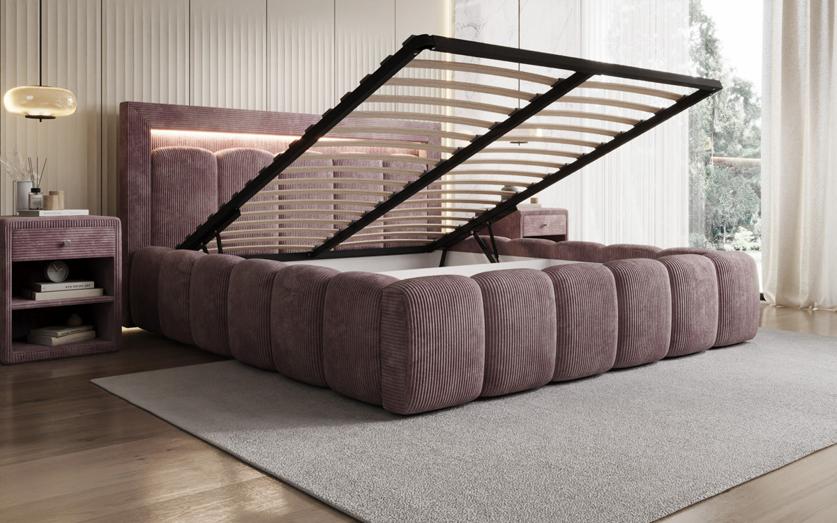 Designer gestoffeerd bed Lume in Ribstof met opbergruimte en RGB-verlichting