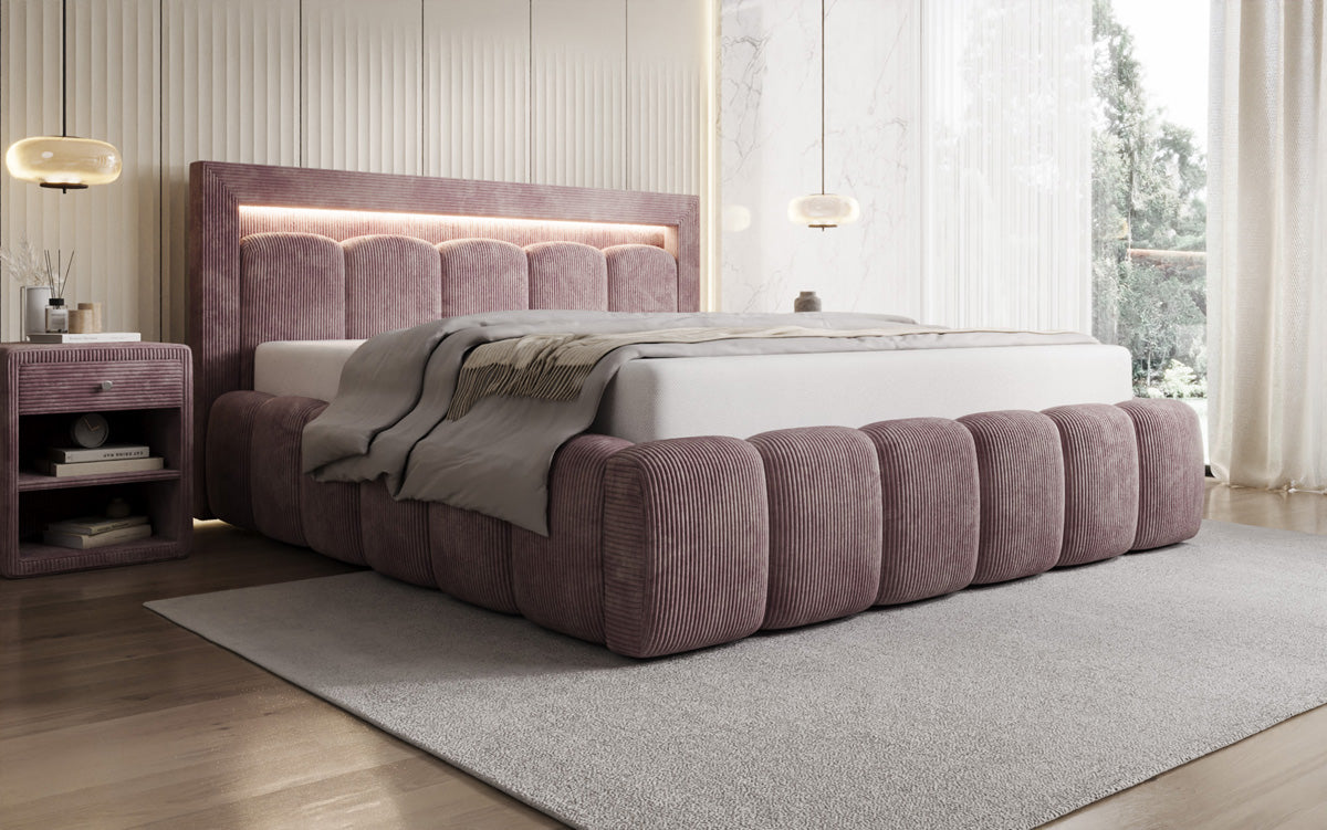 Designer gestoffeerd bed Lume in Ribstof met opbergruimte en RGB-verlichting