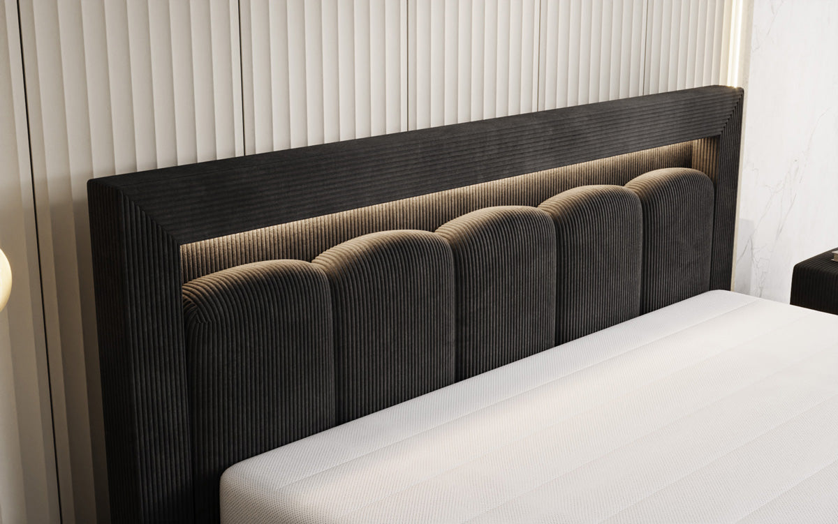 Designer gestoffeerd bed Lume in Ribstof met opbergruimte en RGB-verlichting