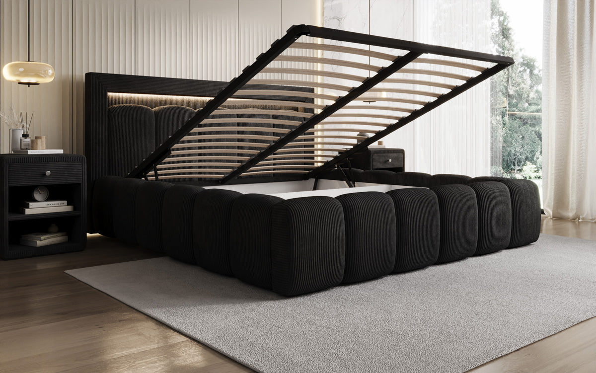 Designer gestoffeerd bed Lume in Ribstof met opbergruimte en RGB-verlichting